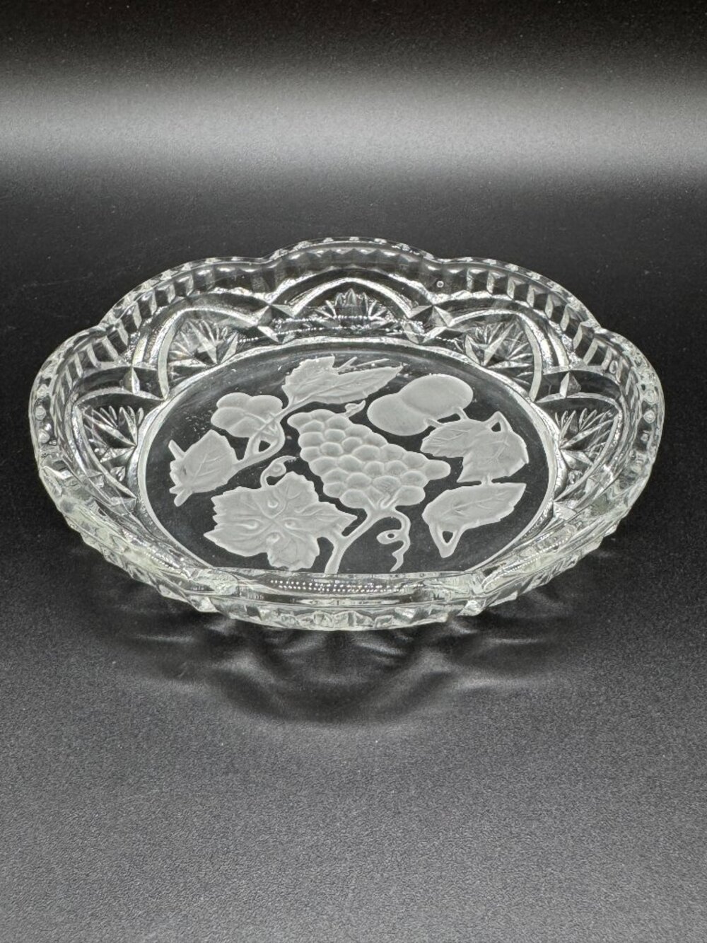 Vintage Clear Pressed Glass Shallow Serving Bowl Fruits Motifs Scalloped Edge